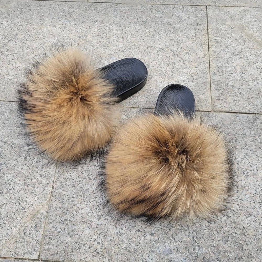 Brown Racoon Fur Slides